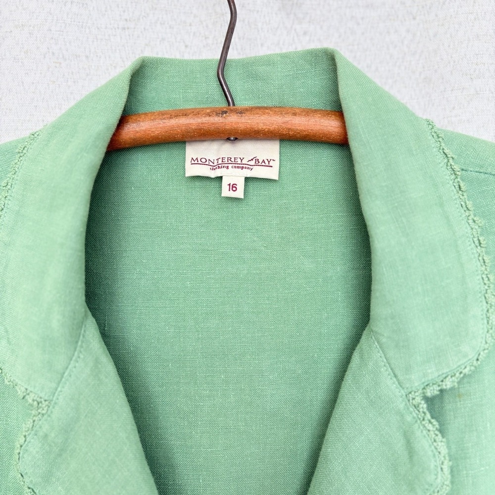 VTG Monterey Bay Linen Button Blazer cardigan pocket Pea Green Lagenlook Crochet - Picture 2 of 7